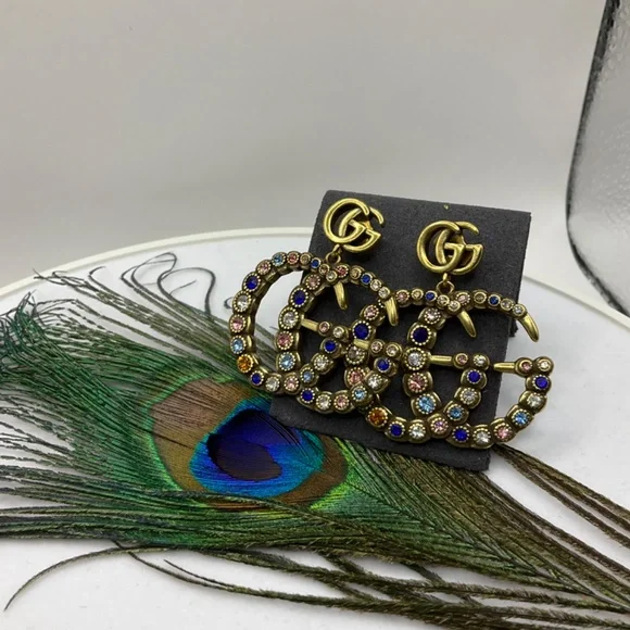 Gold GG Marmont Colorful Crystals Dangle Earrings - Picture 9 of 9